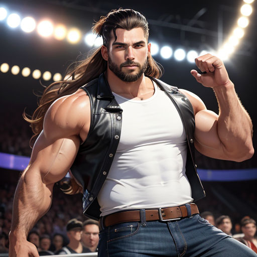 a man with long hair and a beard in a leather vest is posing for a picture in front of a crowd