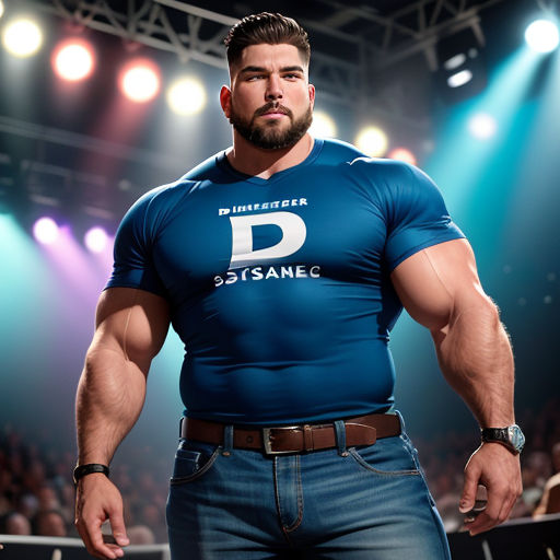 a man in a blue shirt is standing in front of a crowd of people in a stadium with lights