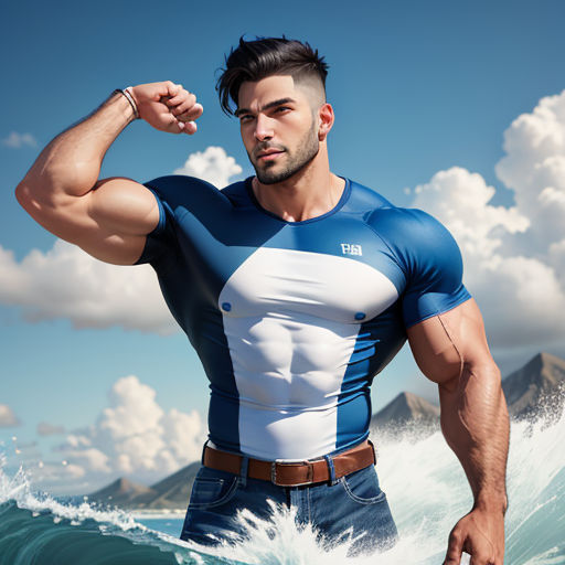 a man in a blue and white shirt standing in the ocean with his arms behind his head and his right arm behind his head