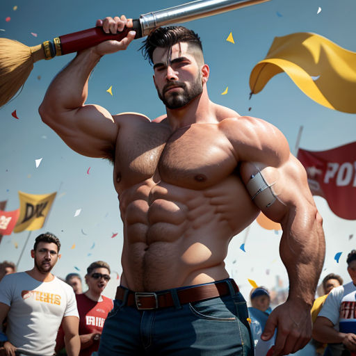a man with a large body holding a broom in his hand and a crowd of people behind him watching