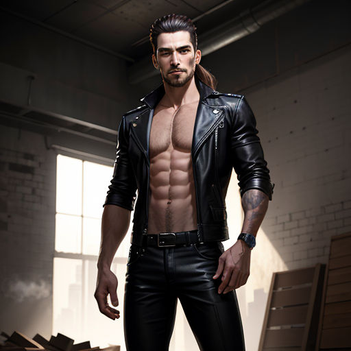 a man with a shirtless torso and no shirt standing in a room with a window and a chair