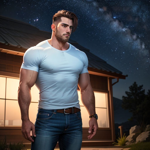 a man standing in front of a house under a night sky with stars in the background and a house with a window