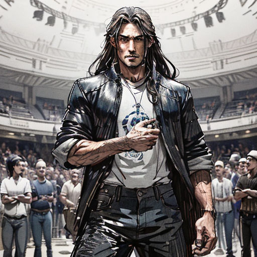 a man with long hair and a leather jacket is standing in front of a crowd of people in a building