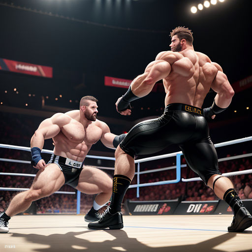 two wrestlers in a ring with a crowd watching them from the stands and a man in the middle of the ring