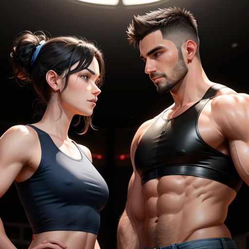 a man and a woman standing next to each other in a gym room with a spotlight on the ceiling
