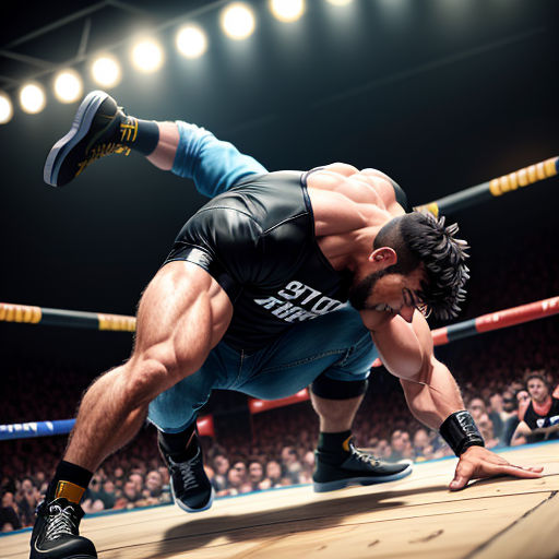 a wrestler is in a wrestling ring with a crowd watching him from the sidelines and his opponent is in the middle of the ring