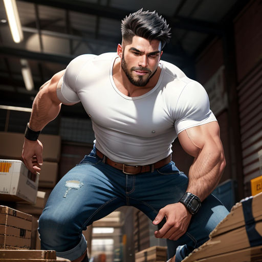 a man in a white shirt and jeans is standing in a warehouse with boxes and boxes on the floor