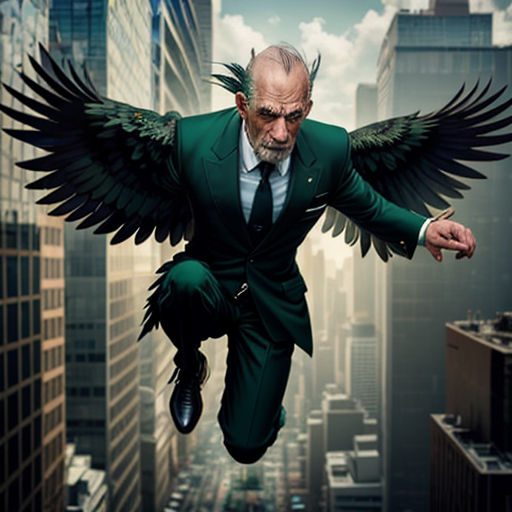 a man in a suit and tie flying through the air with wings on his back and his hands out
