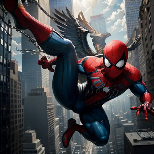a spider man flying through the air over a city skyline with a bird on his back and a bird on his arm