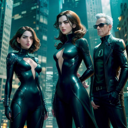 a group of people in catsuits standing in a city at night with skyscrapers in the background