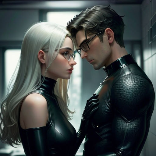 a couple of people in black leather outfits standing next to each other in a room with a window and a light