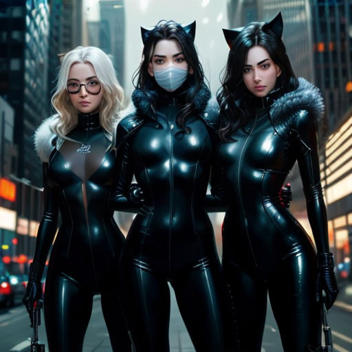 three women in catsuits and masks standing on a city street at night with a city background and a traffic light