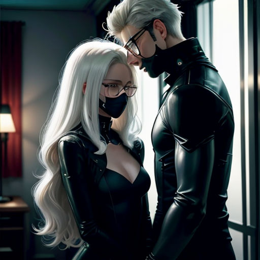 a man and a woman in black catsuits standing next to each other in a room with a window