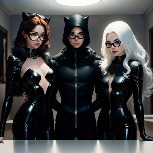 three women dressed in catwoman costumes standing next to each other in a room with a mirror and a light