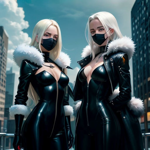 two women in black catsuits and masks standing in a city street with buildings and clouds in the background