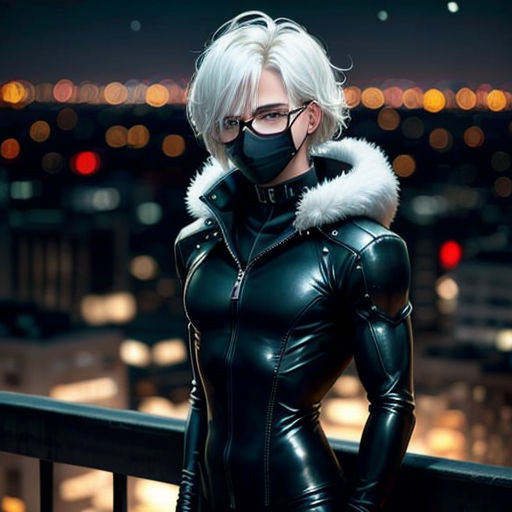 a woman in a black leather outfit and mask posing for a picture in a city at night with lights in the background