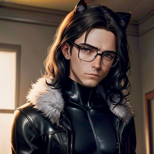 a woman in a cat suit and glasses with a cat ears on her head and a cat tail on her head