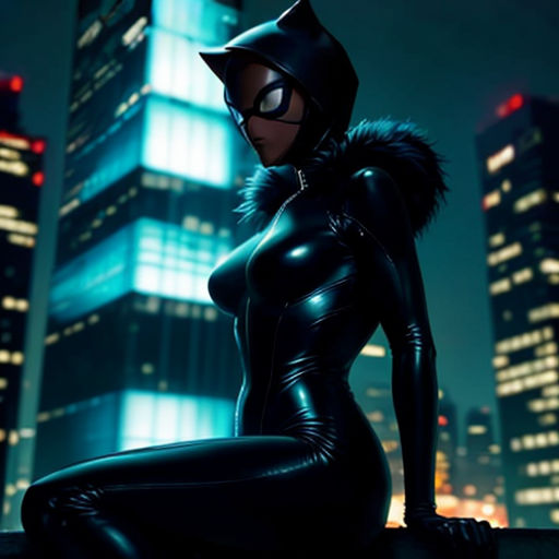 a woman in a cat suit sitting on a ledge in front of a city at night with skyscrapers
