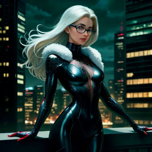 a woman in a cat suit standing on a ledge in front of a city at night with her hands on her hips