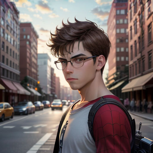 a man with glasses and a backpack on a city street with buildings in the background and a street light in the foreground