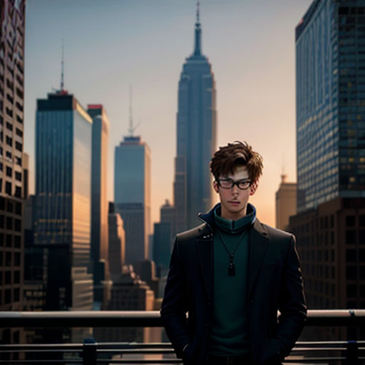 a man standing in front of a city skyline with skyscrapers in the background, wearing a black jacket and glasses