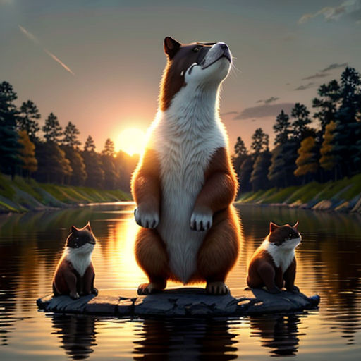 a painting of a fox and two cubs sitting on a rock in the water at sunset with the sun setting