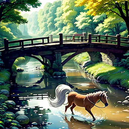 a horse that is walking across a river near a bridge and a bridge with a bridge over it and a bridge over water