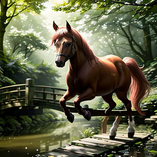 a horse is running across a bridge in the woods by a stream of water and trees, with a bridge in the background