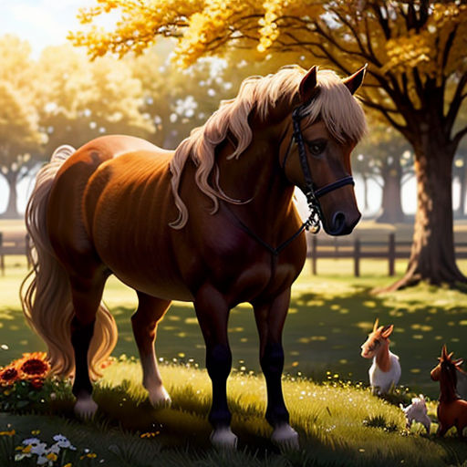 a horse standing in a field with other animals around it and trees in the background with yellow leaves on the grass