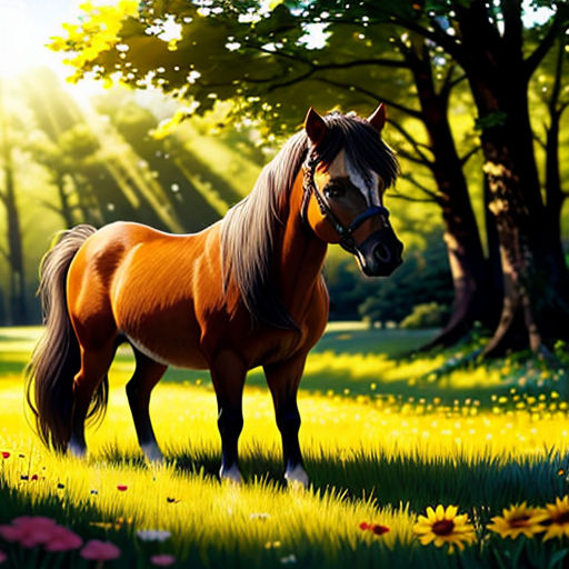 a horse standing in a field of grass and flowers with the sun shining behind it and trees and flowers
