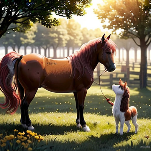 a dog and a horse in a field of grass with trees in the background and a fence in the foreground