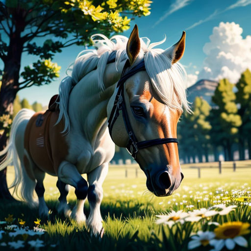 a horse is walking through a field of daisies and daisies in the foreground, with a tree in the background