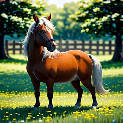 a horse standing in a field of grass and flowers with trees in the background and a fence in the foreground