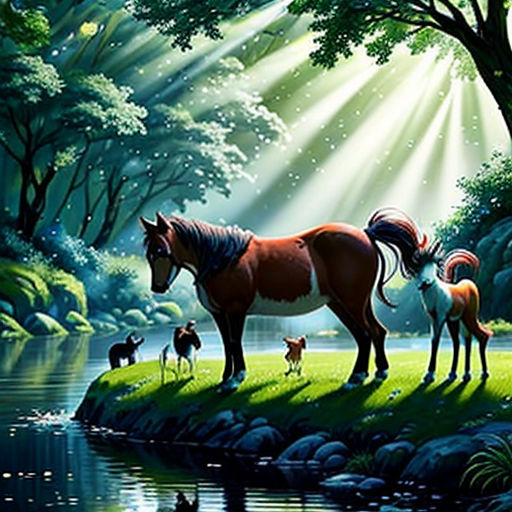 a painting of a horse and her foal by a river with a forest scene in the background