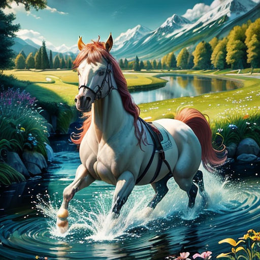 a horse running through a river with mountains in the background and flowers in the foreground, with a stream running through the water