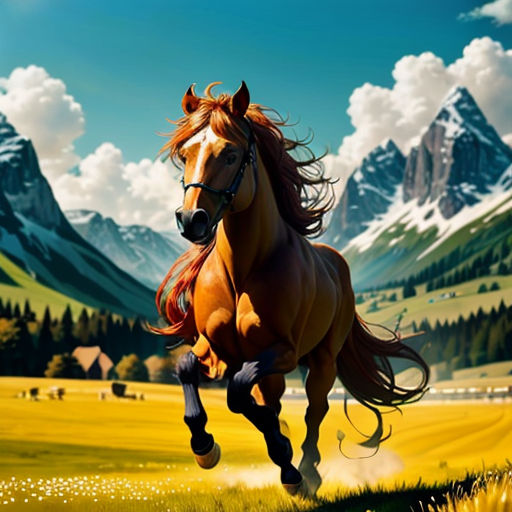a horse running through a field with mountains in the background and clouds in the sky above it, with a blue sky and white clouds