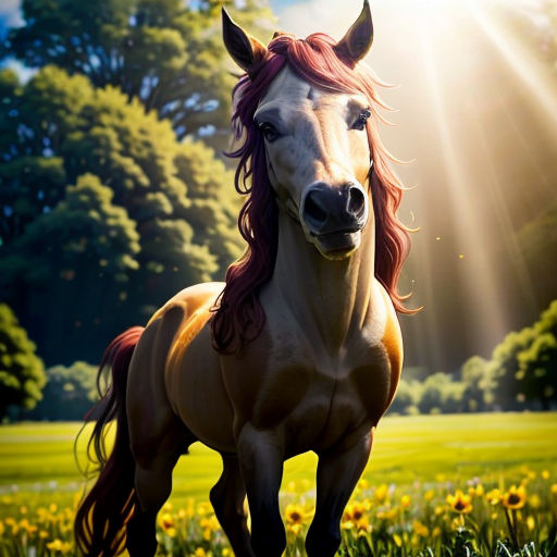 a horse with red hair standing in a field of flowers and trees in the background is a sunbeam