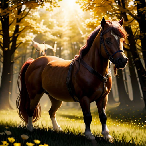 a horse standing in a field of grass with trees in the background and a dog running behind it in the distance