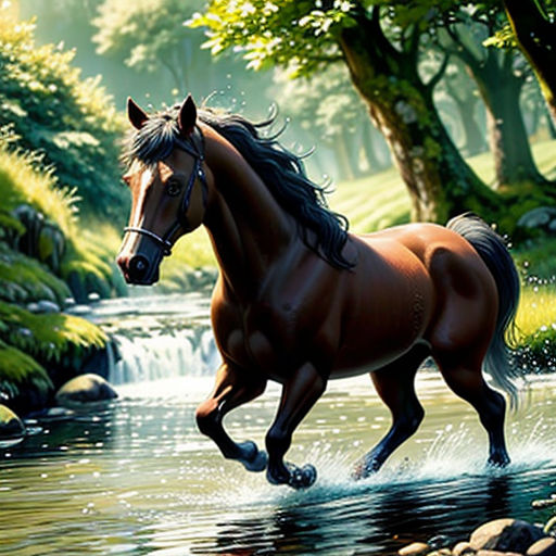 a horse running through a river in the woods with trees and rocks on the ground and a stream running through it