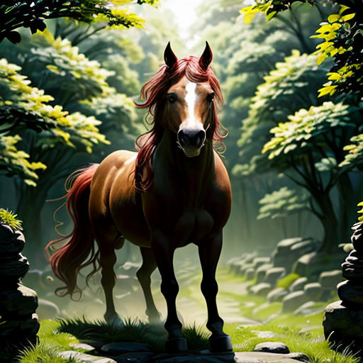 a horse standing in a forest with rocks and trees around it, with the light shining through the trees