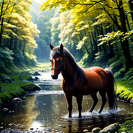 a horse standing in a stream in a forest with rocks and trees on the side of it, with a stream running through the forest