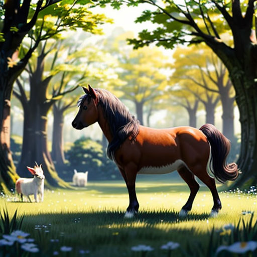 a horse and a dog in a field of grass and trees with flowers and grass around them, with a forest in the background
