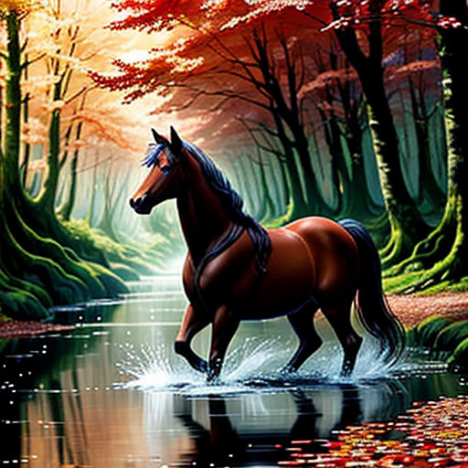 a horse is walking through a stream in the woods with trees and leaves on the ground and a stream running through the woods
