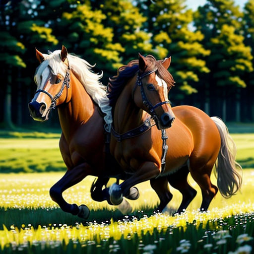 two horses running in a field of grass and flowers with trees in the background and a bird flying overhead