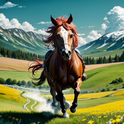 a horse running through a field of grass and flowers with mountains in the background and clouds in the sky