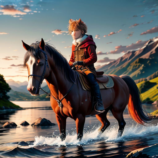 a boy riding a horse across a river in the mountains at sunset or dawn with a horse in the foreground