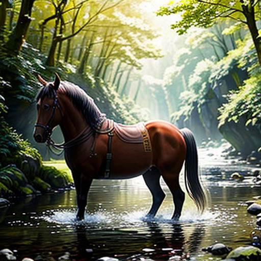 a horse standing in a stream in the woods by a stream of water with rocks and trees around it