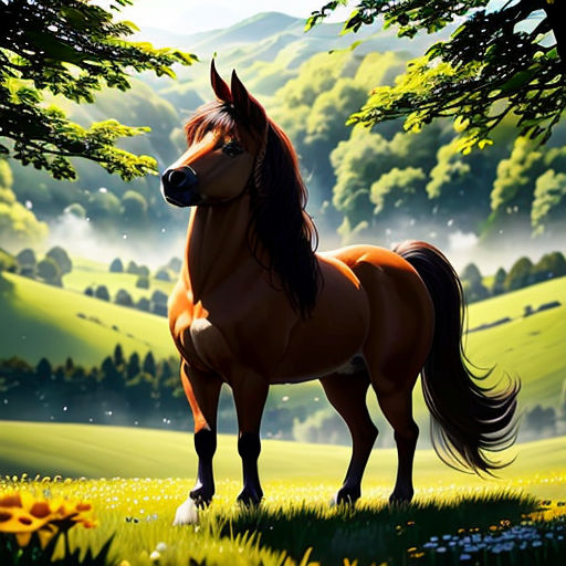 a horse standing in a field with a tree in the background and a sunflower in the foreground