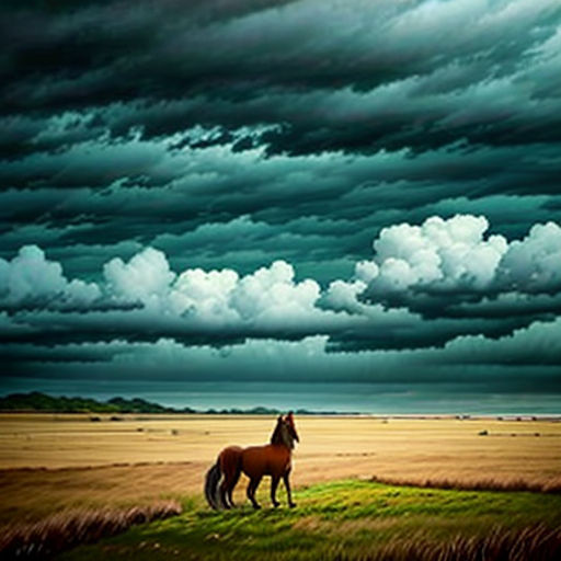 a horse standing in a field under a cloudy sky with a horse in the foreground and a horse in the foreground