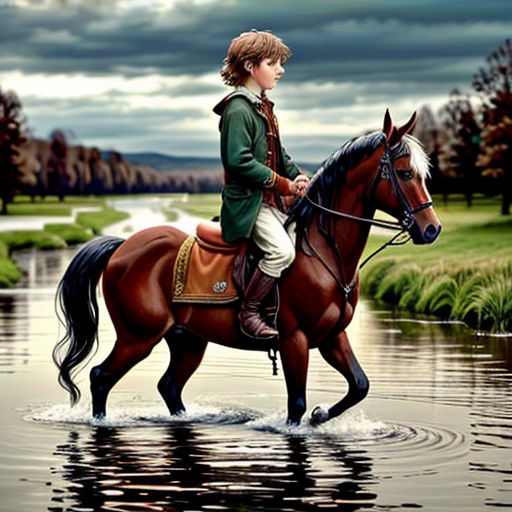 a painting of a boy riding a horse in a river with a cloudy sky in the background and a green field